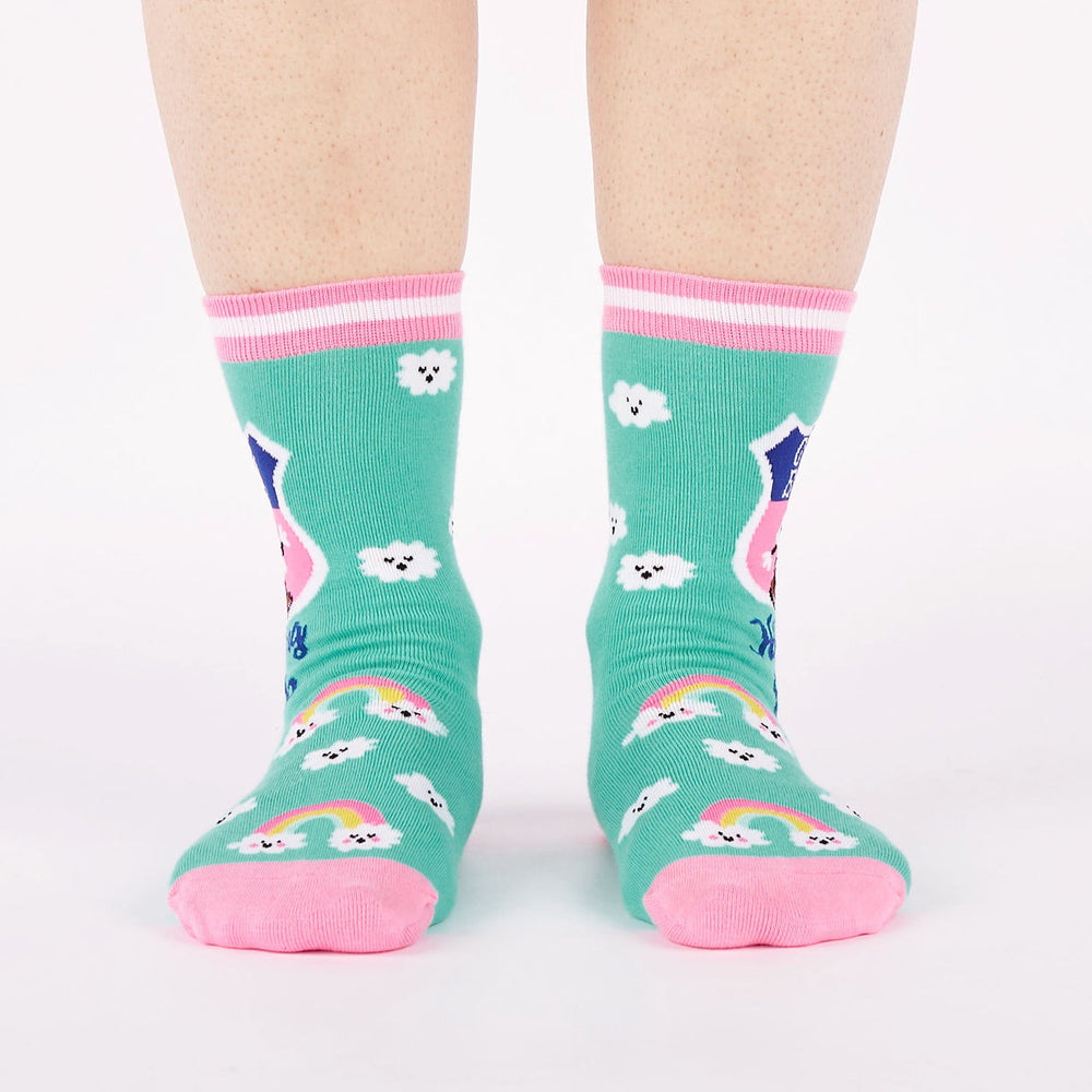 Women's hiking club crew socks worn, front view on legs