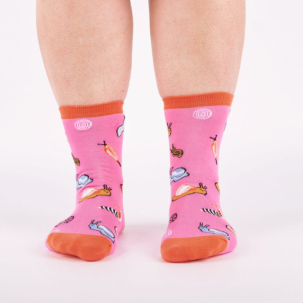 Women's snail crew socks worn, front view on legs