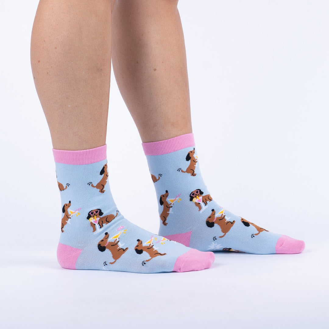 Cocktail Weenies women's crew socks - side view with dachshunds sipping martinis