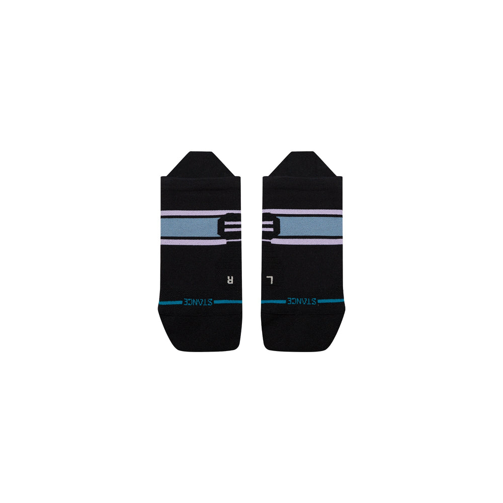 Women's Striped Light tab ankle socks in black, flat back view showing the sky blue and lavender stripe band across the arch