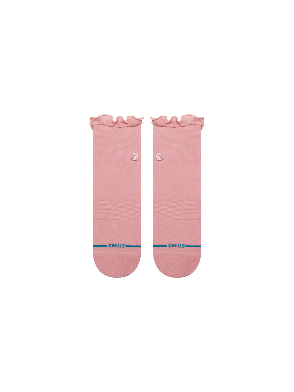 Women's Ruffle Icon quarter socks in solid rose pink with a ruffled lettuce-edge cuff, flat front view of the pair