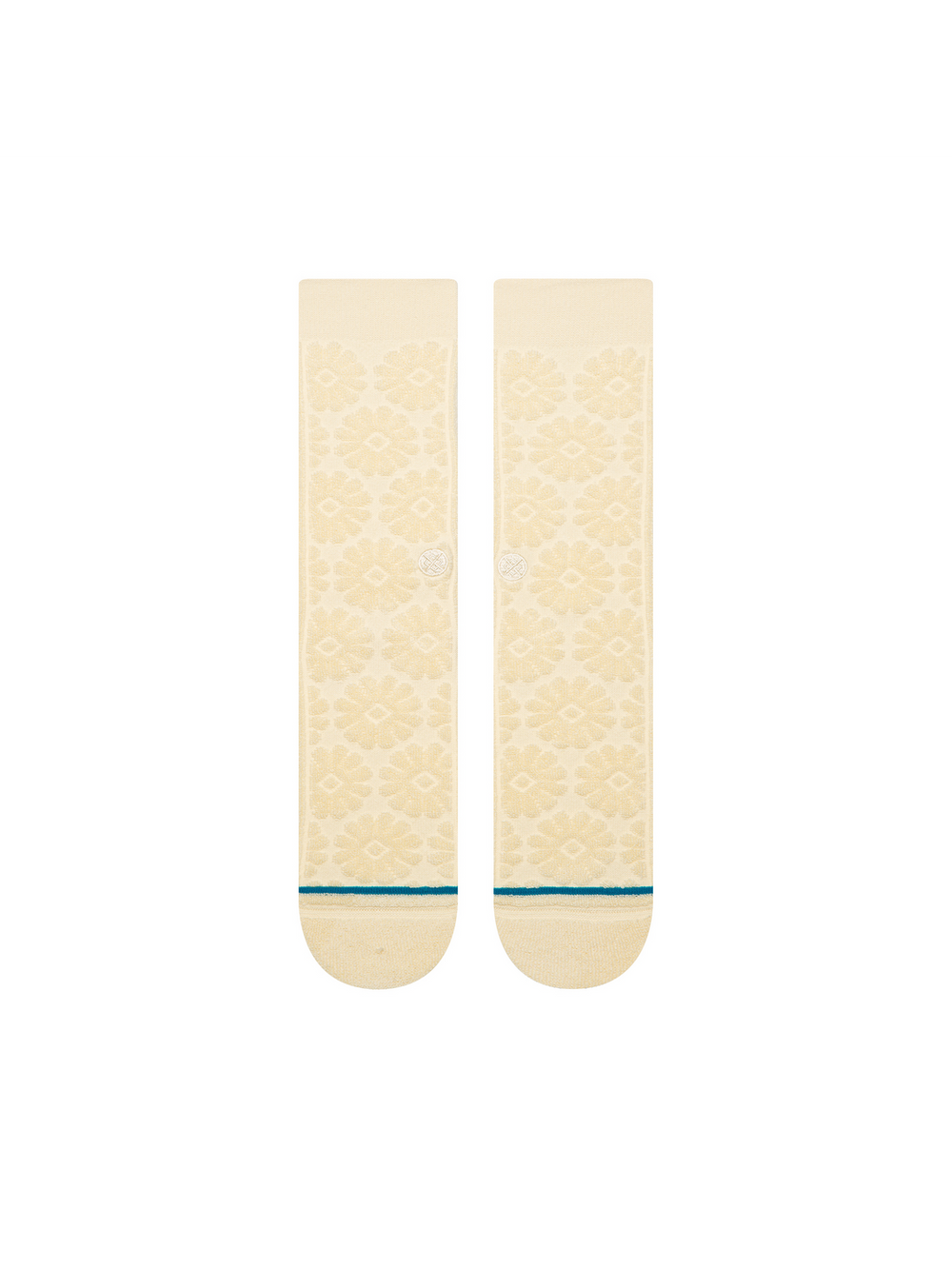 Women's Daisy Terry crew socks in off-white with textured terry daisy flowers, flat front view of the pair