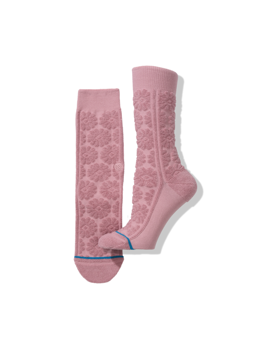 Women's Daisy Terry crew socks in dusty rose with textured terry daisy flowers, single sock full view