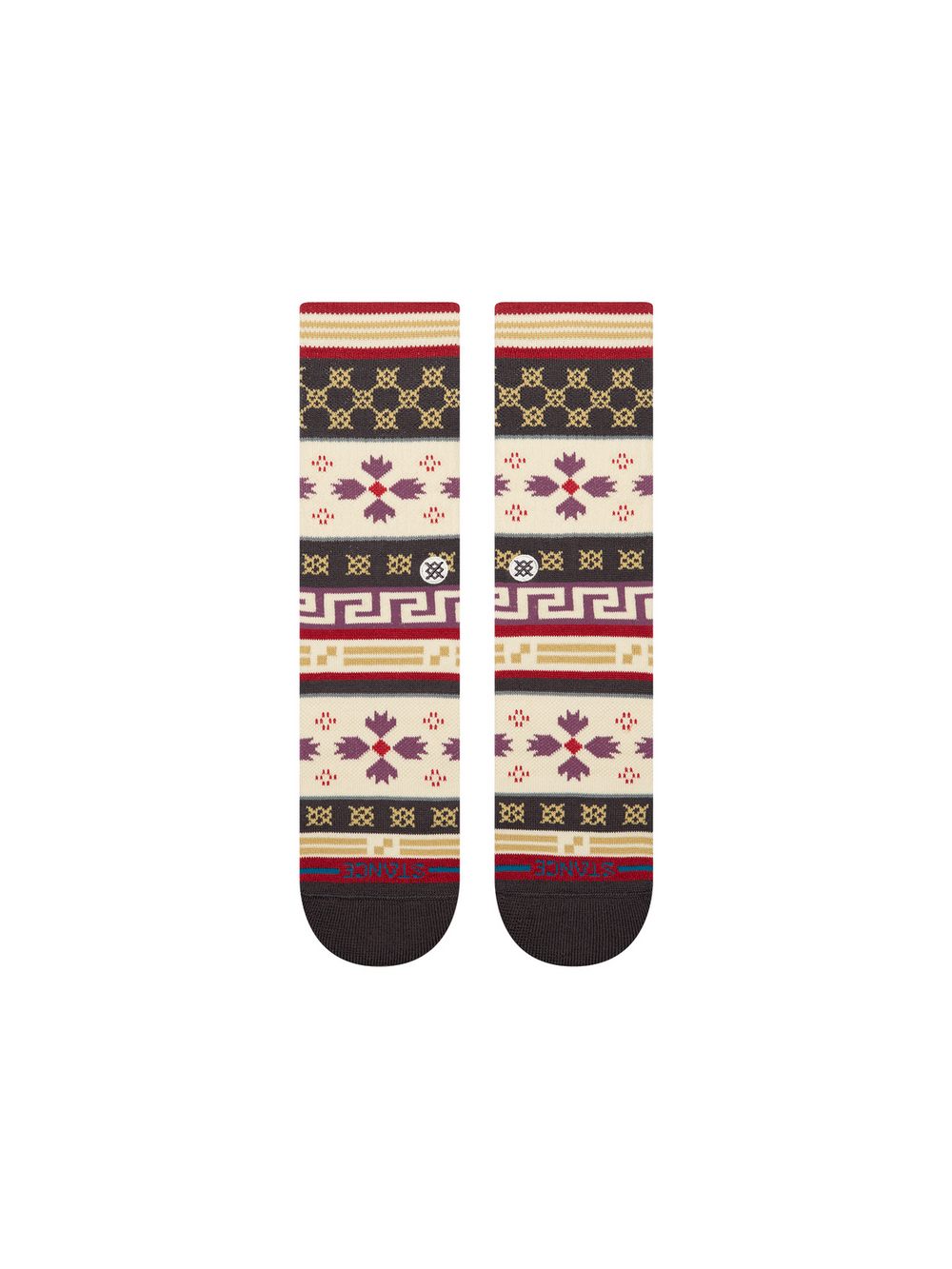 Women's Tis The Season crew socks in cream Nordic knit pattern with burgundy, purple, and gold motifs, flat front view of the pair