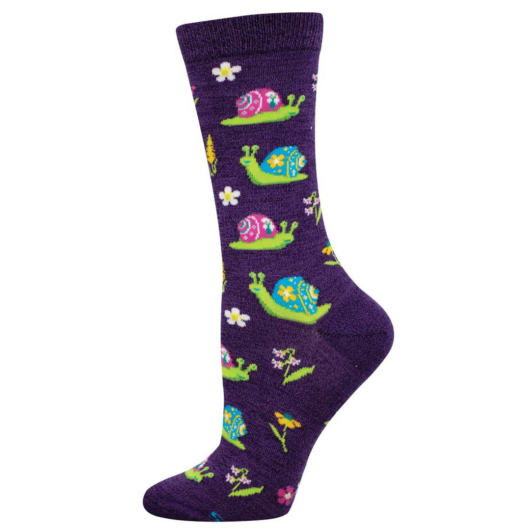 Purple Heather Scenic Snails bamboo crew socks with colorful snails and small flowers