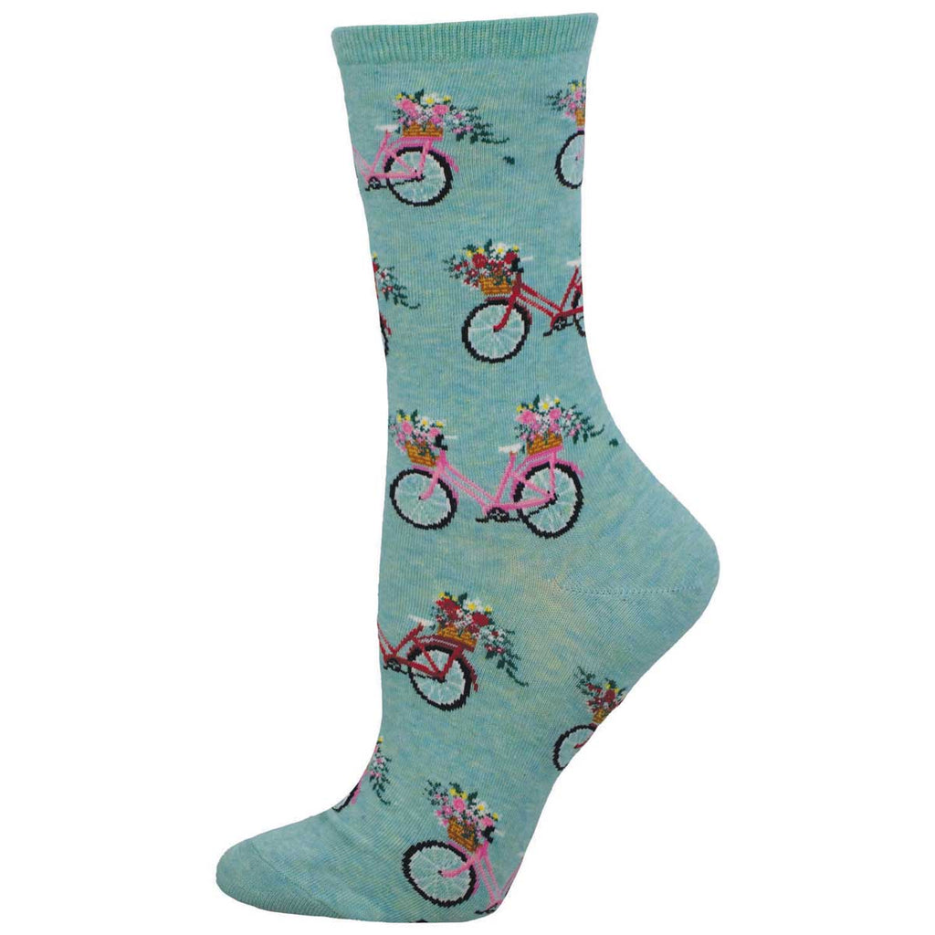 Women's floral bicycle crew socks, green with pink bicycles carrying flower baskets, flat studio shot