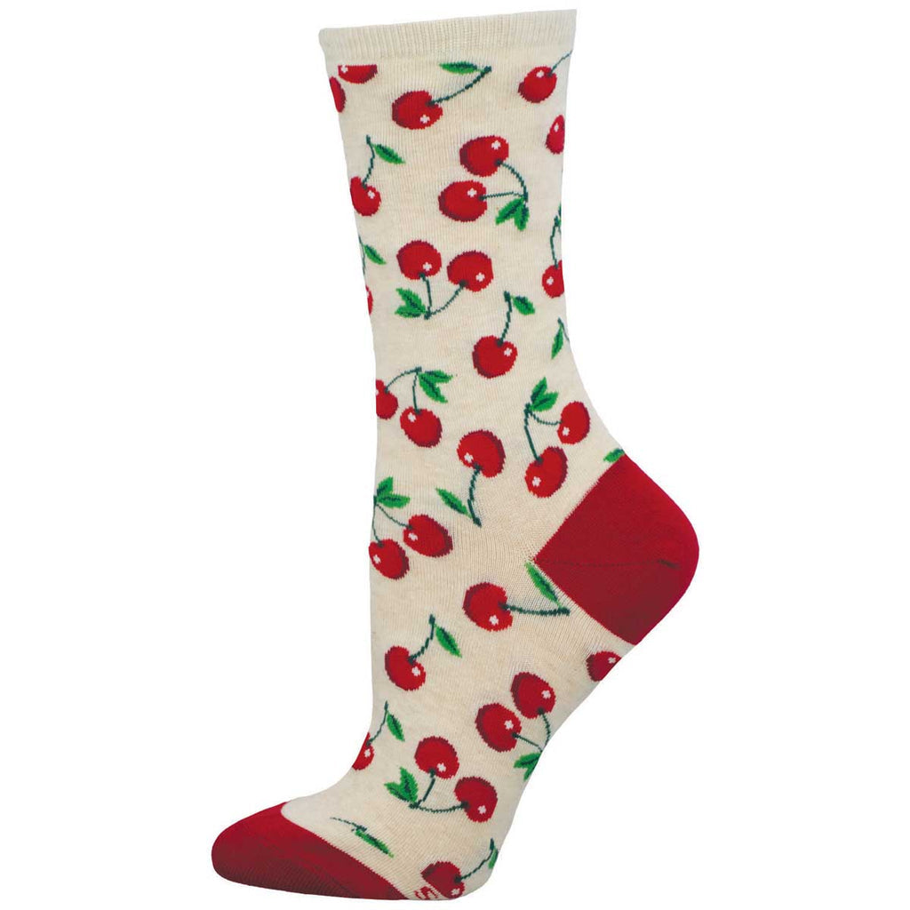Women's cherry crew socks, cream with red cherries and green stems, flat studio shot