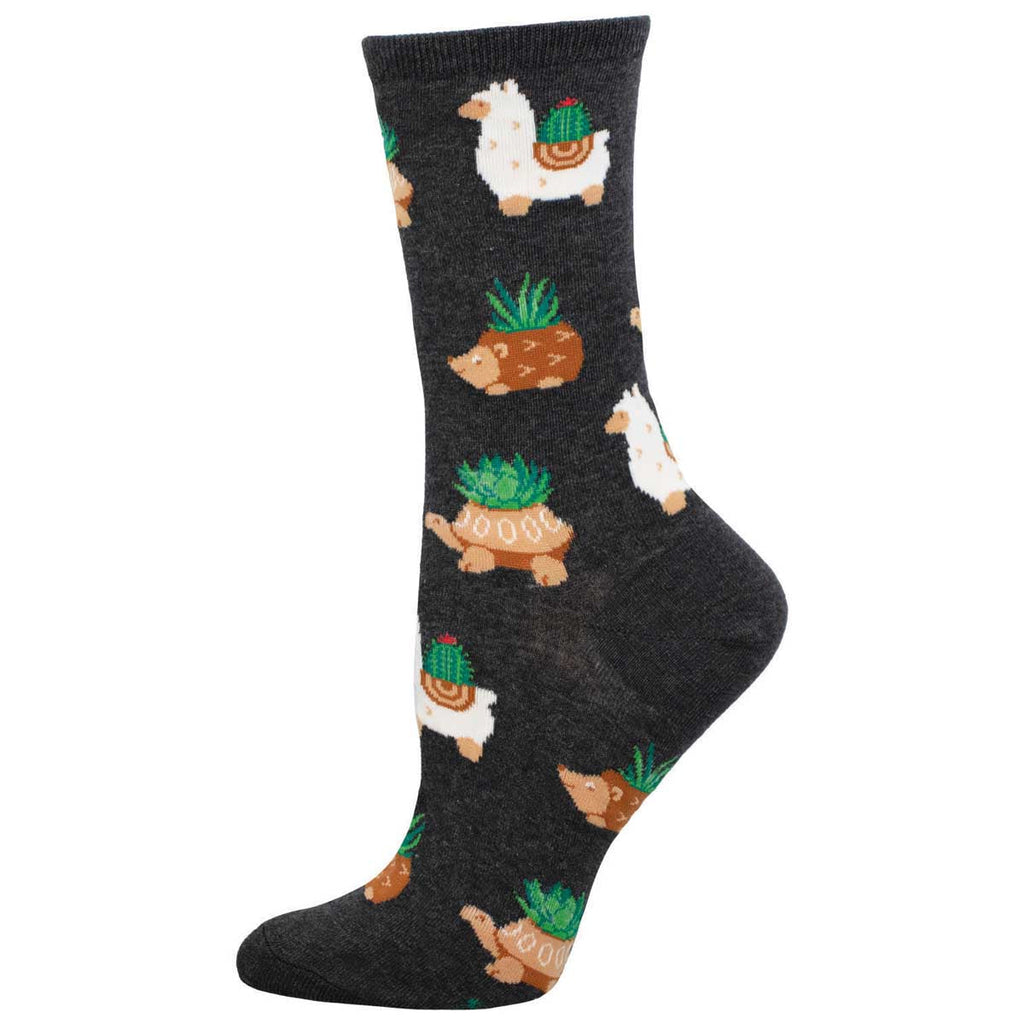 Women's succulent pottery crew socks, gray with animals carrying potted succulents, flat studio shot