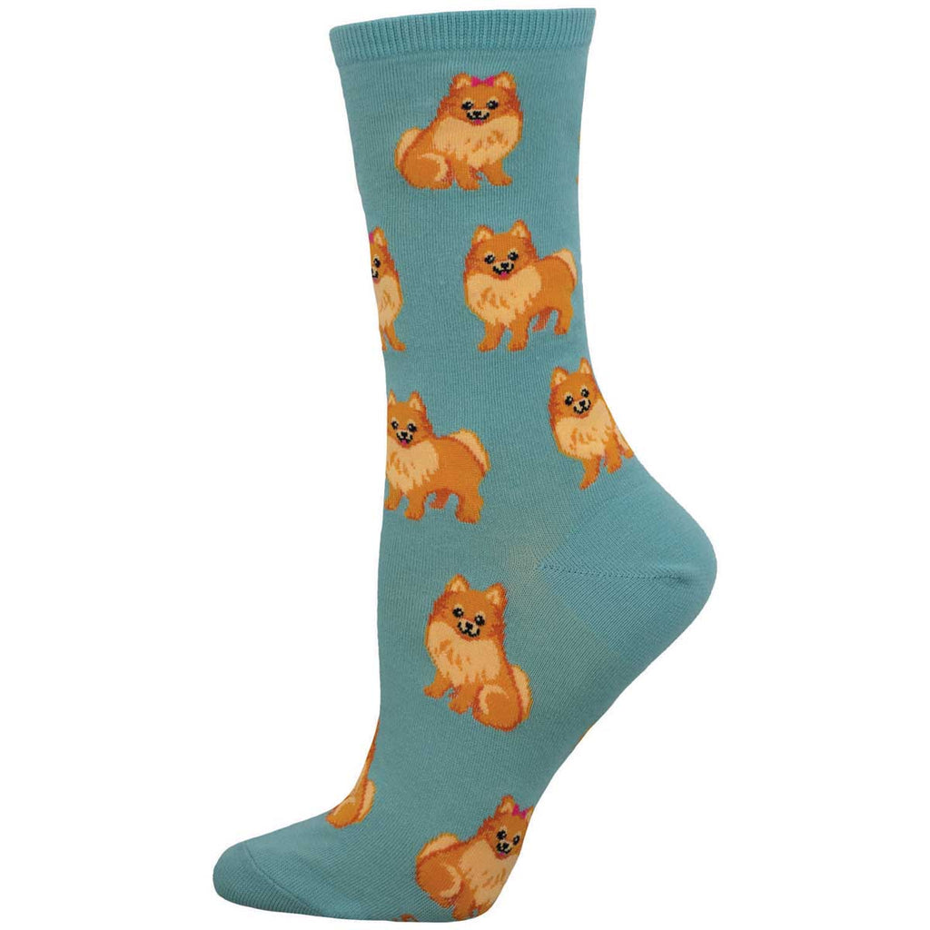 Women's Pomeranian crew socks, teal with fluffy orange Pomeranian dogs, flat studio shot