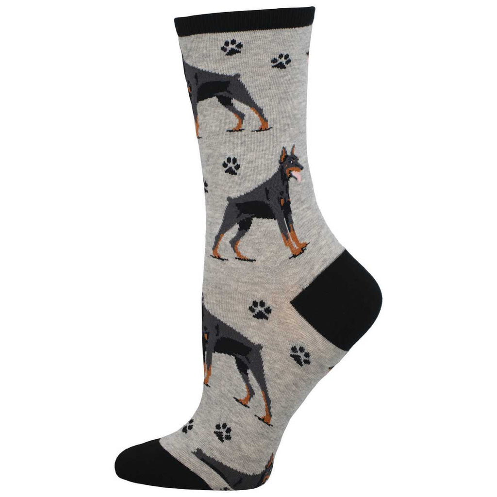 Women's Doberman crew socks, gray with black-and-tan Dobermans and paw prints, flat studio shot