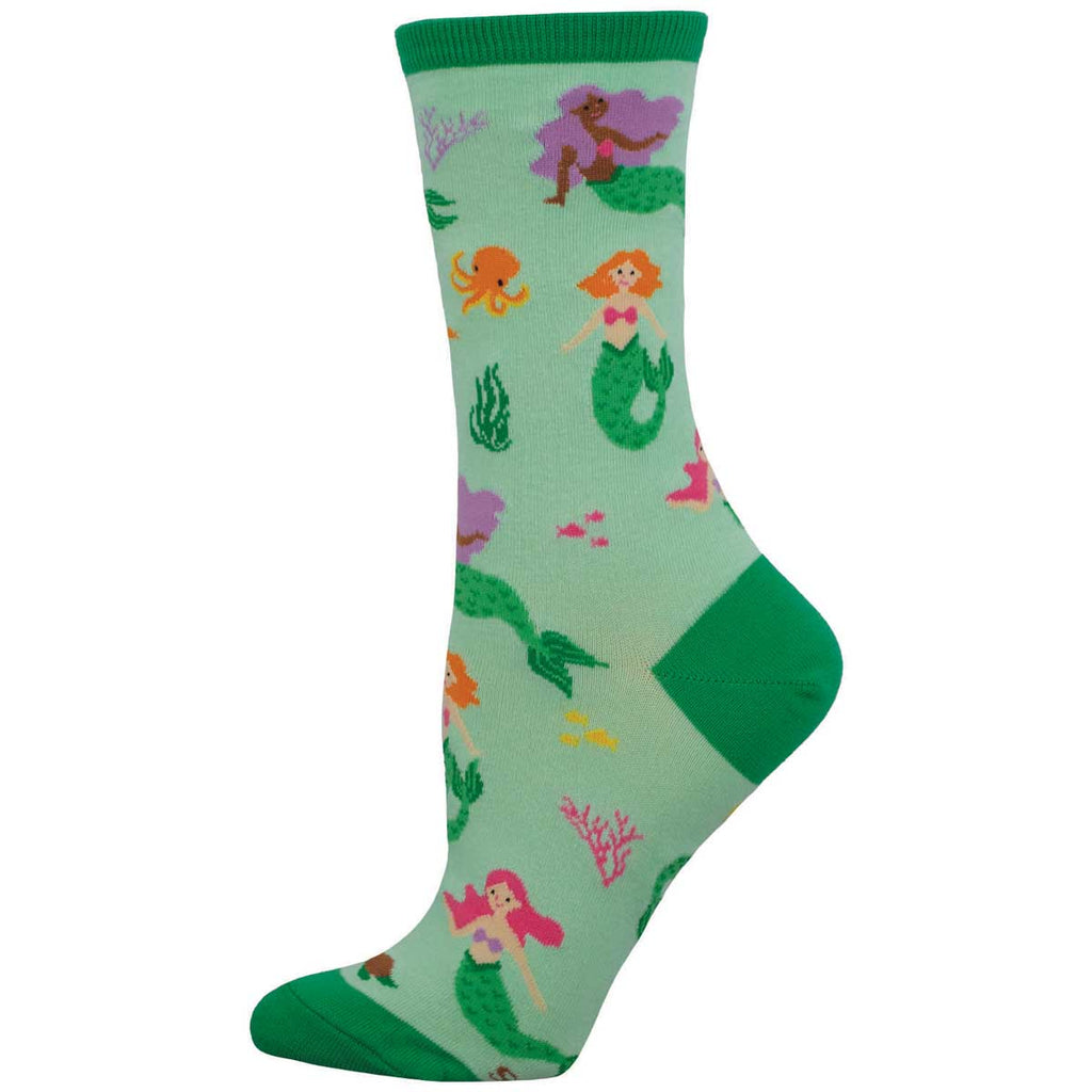 Women's mermaid crew socks, green with colorful mermaids, coral, and octopus, flat studio shot