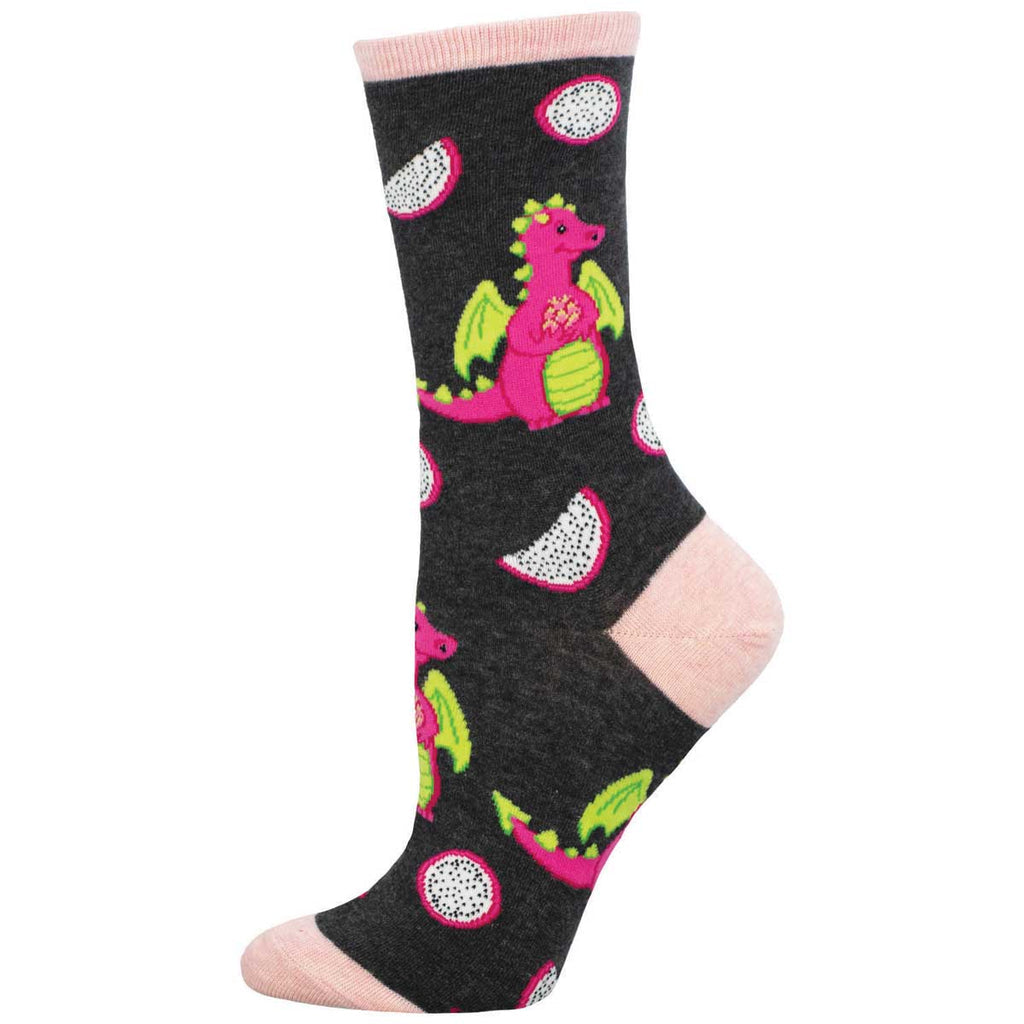 Dragonfruit women's crew socks in charcoal with pink dragons and speckled dragonfruit slices and blush-pink heels