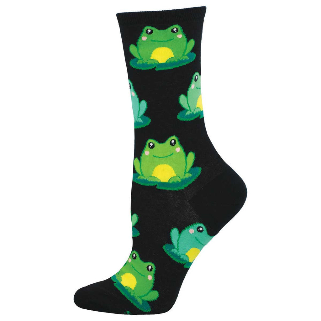 Women's frog crew socks, black with smiling green frogs on lily pads, flat studio shot