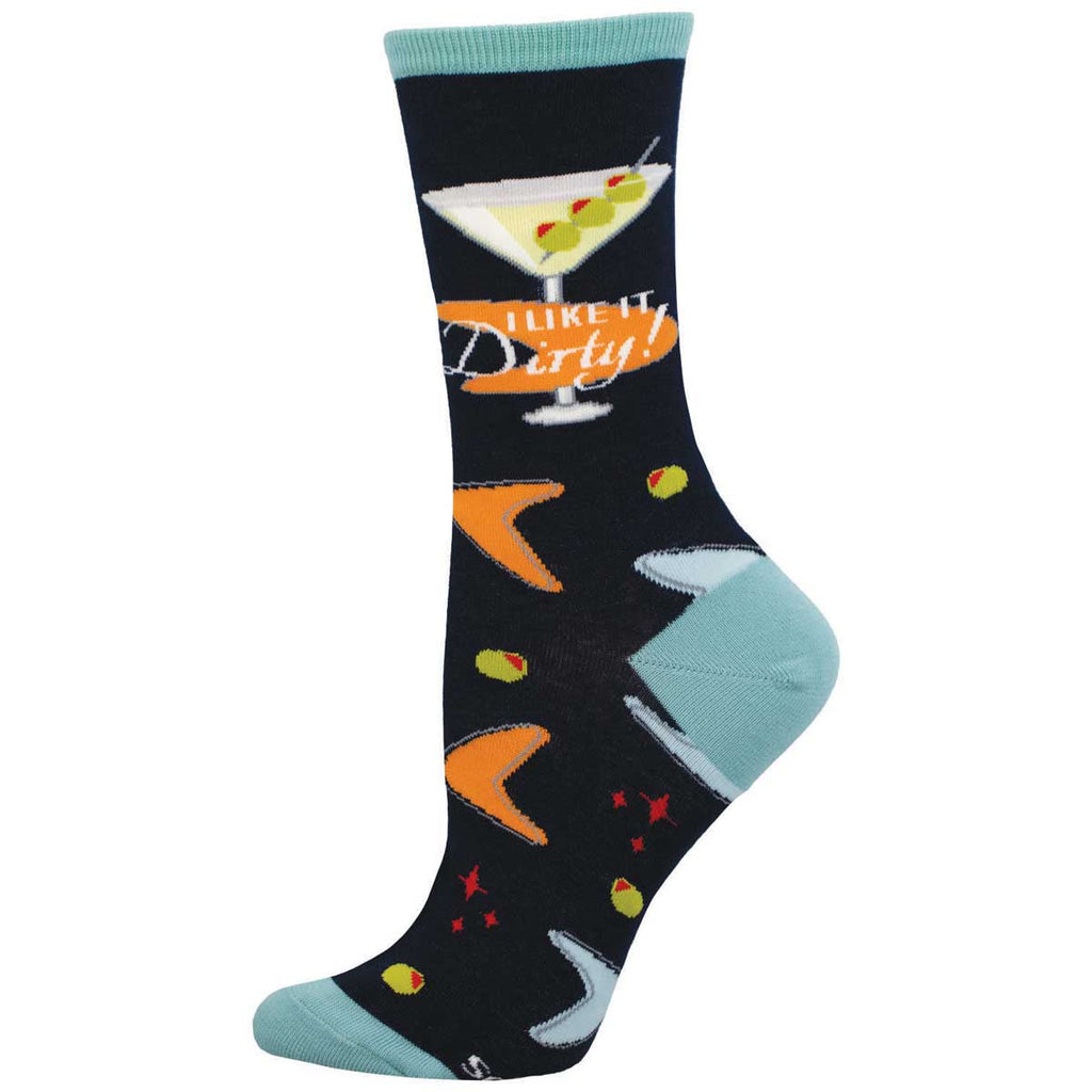 Women's dirty martini crew socks, navy with martini glass and olives, flat studio shot