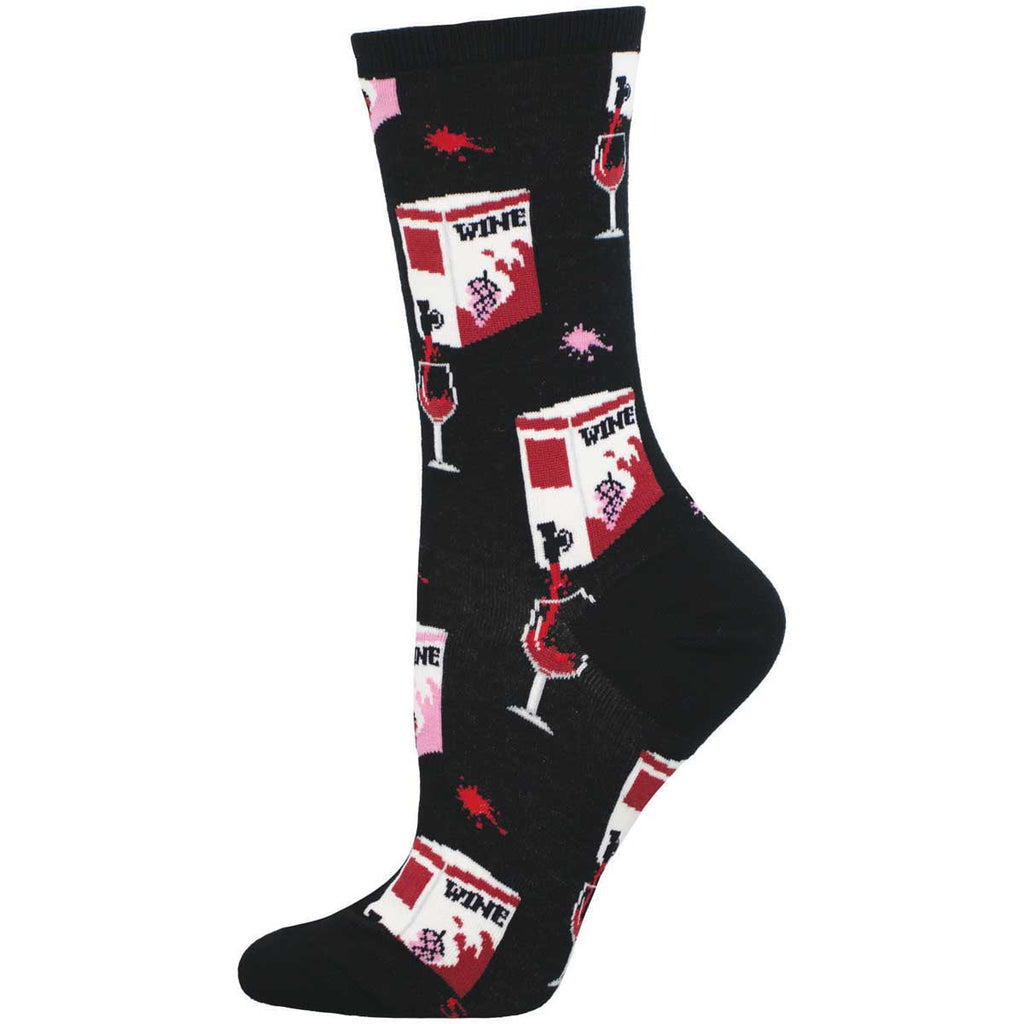 Women's boxed wine crew socks, black with wine cartons and red wine glasses, flat studio shot