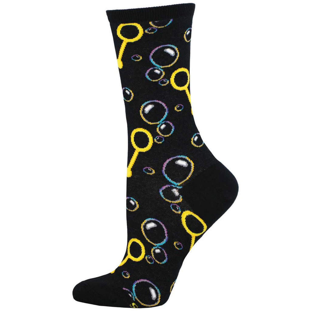 Women's bubble crew socks, flat side view, shiny bubbles and yellow bubble wands on black