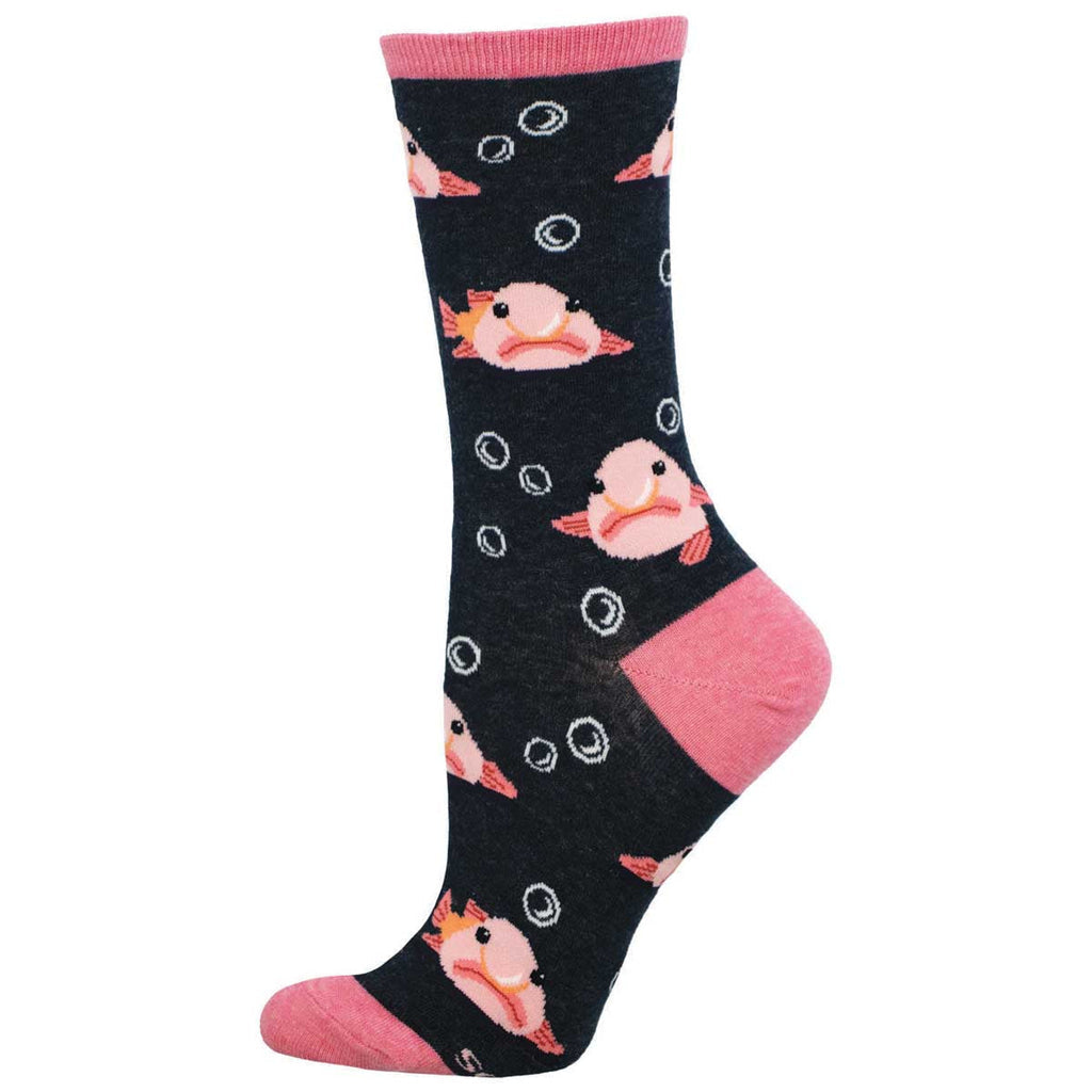 Women's blobfish crew socks, flat side view, pink frowning blobfish with bubbles on navy with pink heel and toe