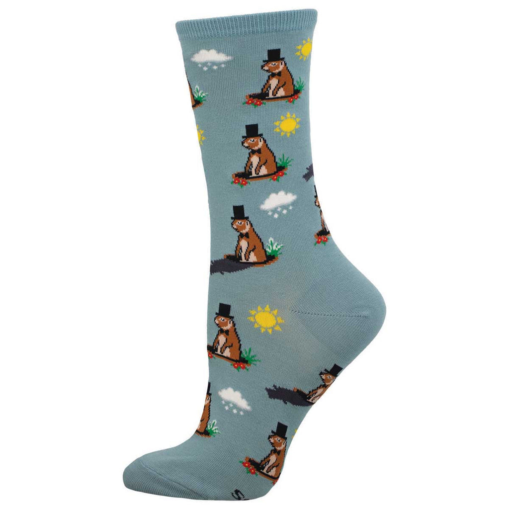 Women's groundhog crew socks, flat side view, top-hatted groundhogs with suns and snow clouds on sage green
