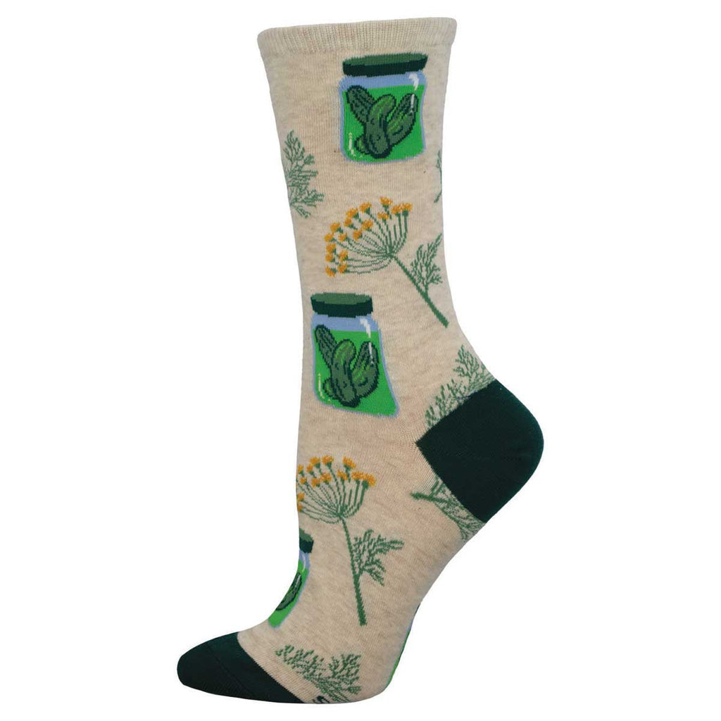 Women's pickle crew socks, cream with jars of pickles and dill sprigs, flat studio shot
