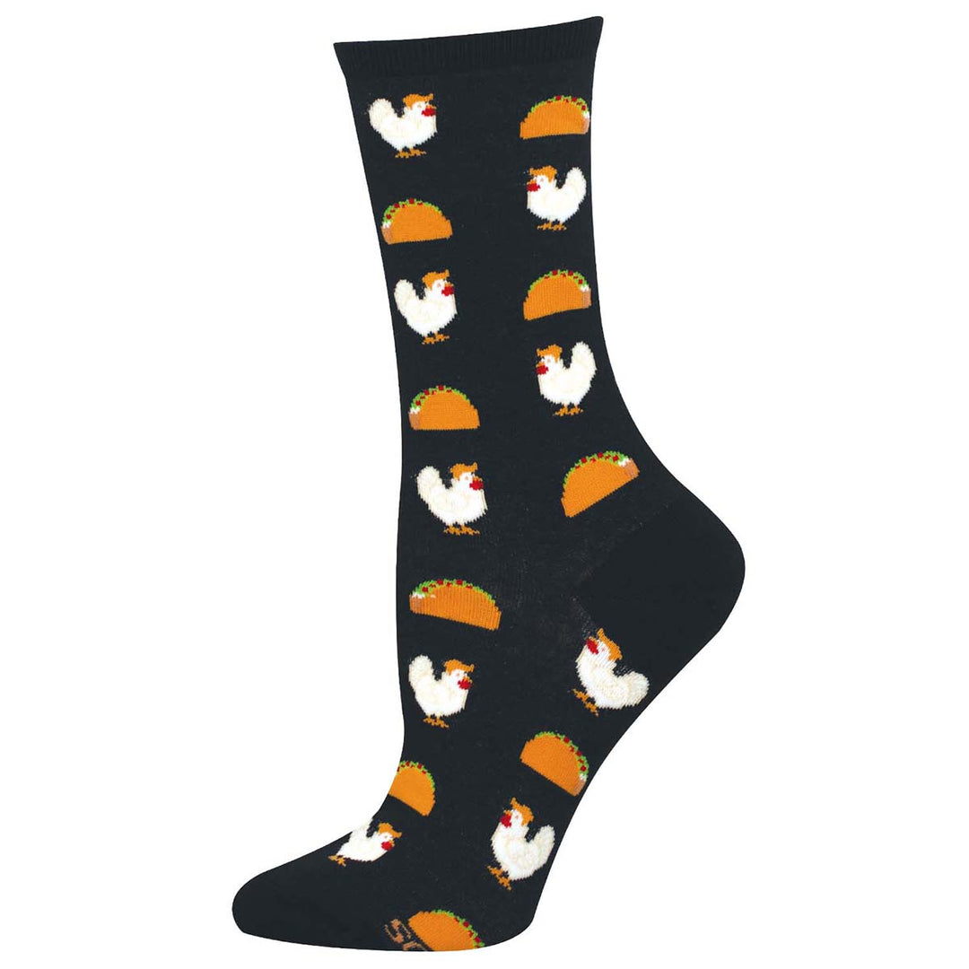 Black women's crew socks with chicken and taco pattern on white background