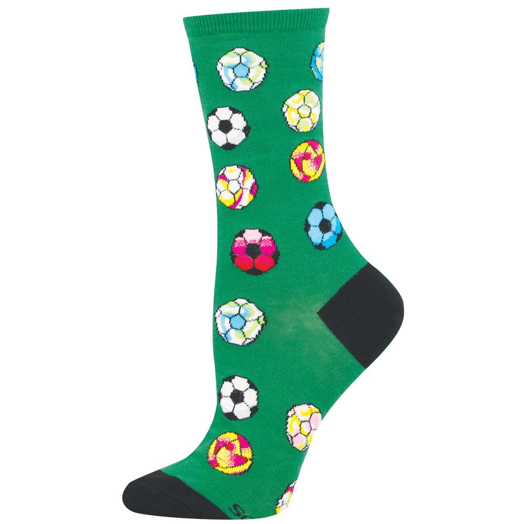 Futbol Fiesta women's crew socks with multicolored soccer balls in blue, yellow, pink, and red on a bright green background