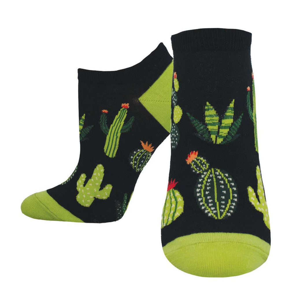 Women's cactus ankle socks, black with green cacti and red-orange blooms, pair flat studio shot