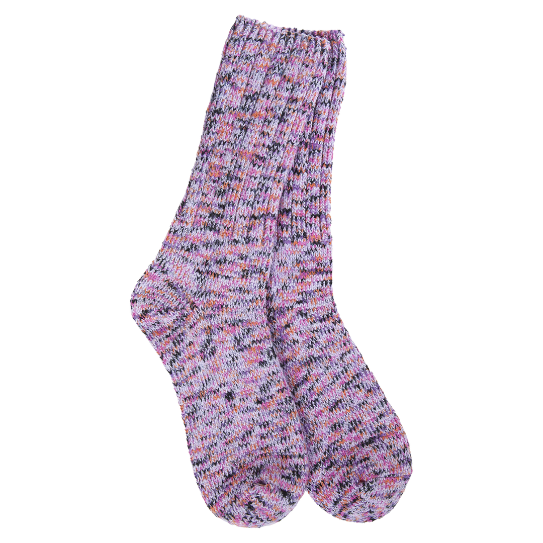 Women's lavender marled ragg crew socks flat lay, speckled purple chunky knit