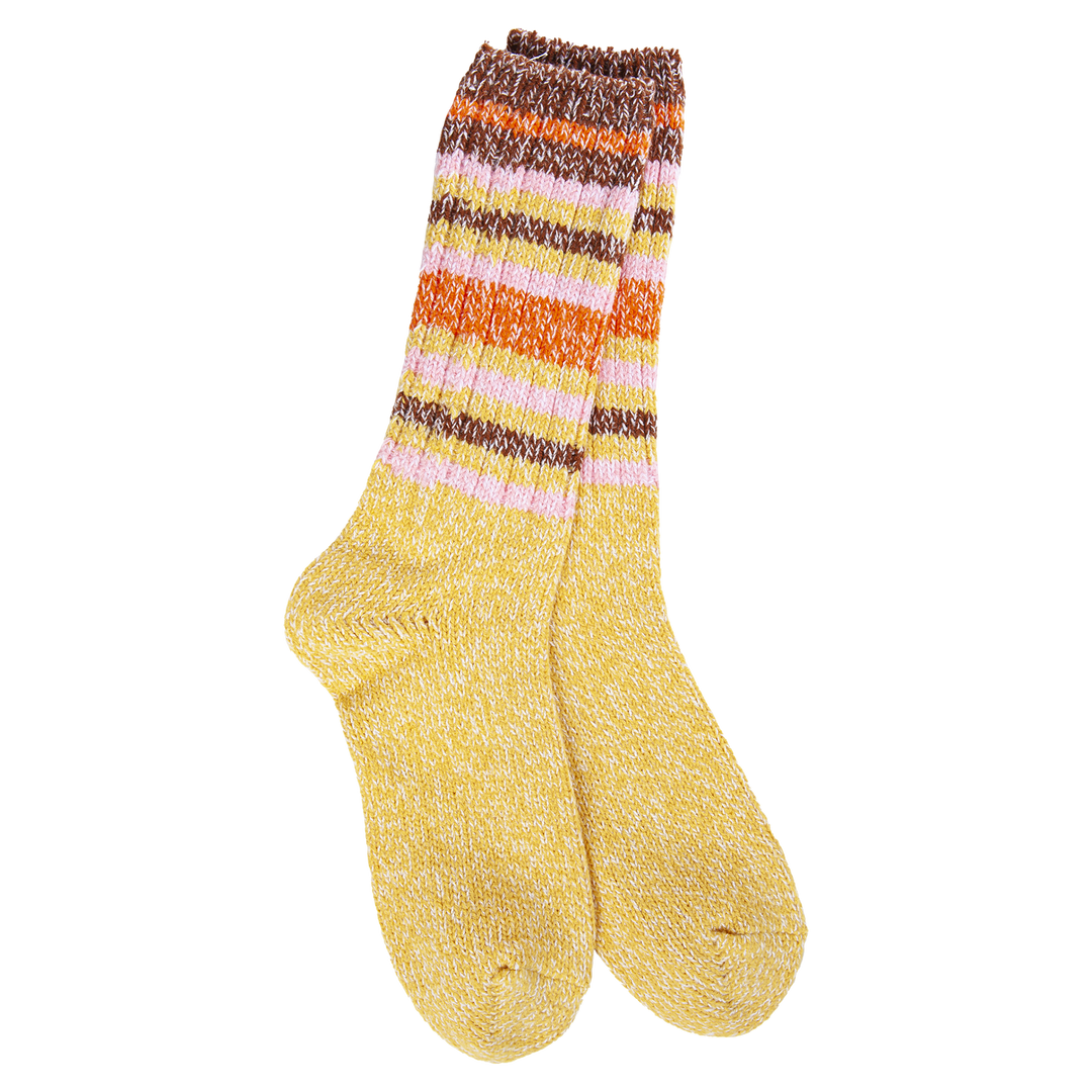 Women's honey stripe ragg crew socks flat lay in golden yellow with pink and brown stripes