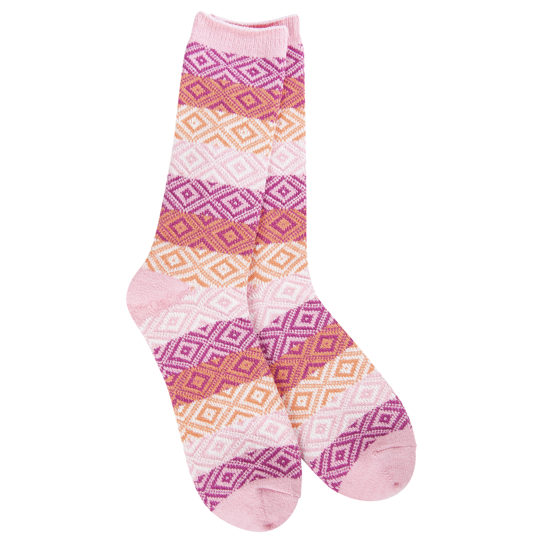 Pink Multi Weekend Gem Crew socks with diamond pattern in pink tones