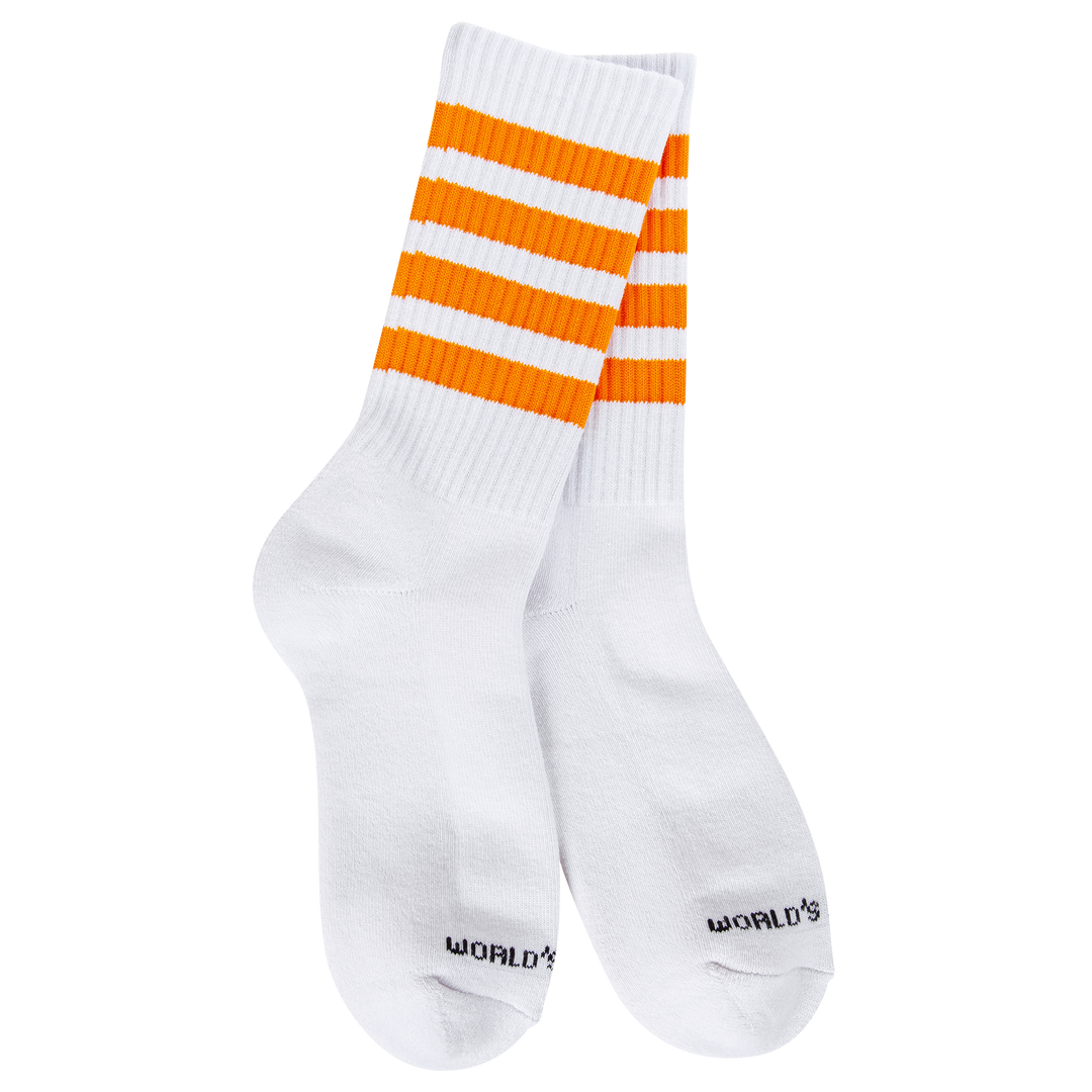 Orange Sport Mini Crew socks with bold orange stripes on white