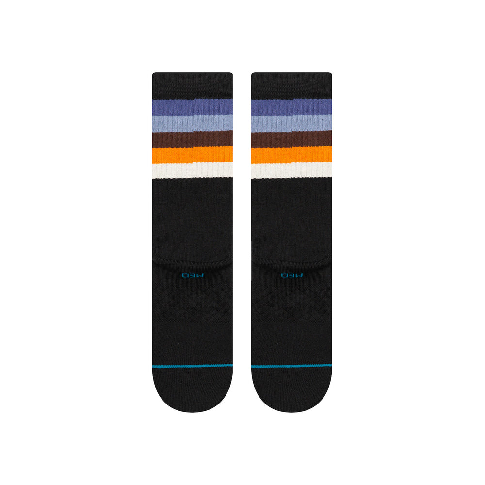 Men's Maliboo crew socks, flat back view showing striped cuff and size marking
