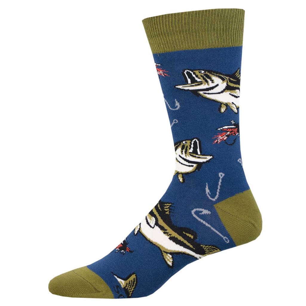 Men's All About The Bass crew socks, flat side view, leaping bass and fishing flies on blue