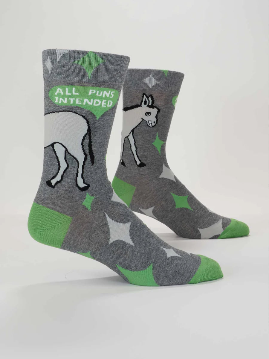 Men's All Puns Intended crew socks, flat side view with gray donkey and green stars