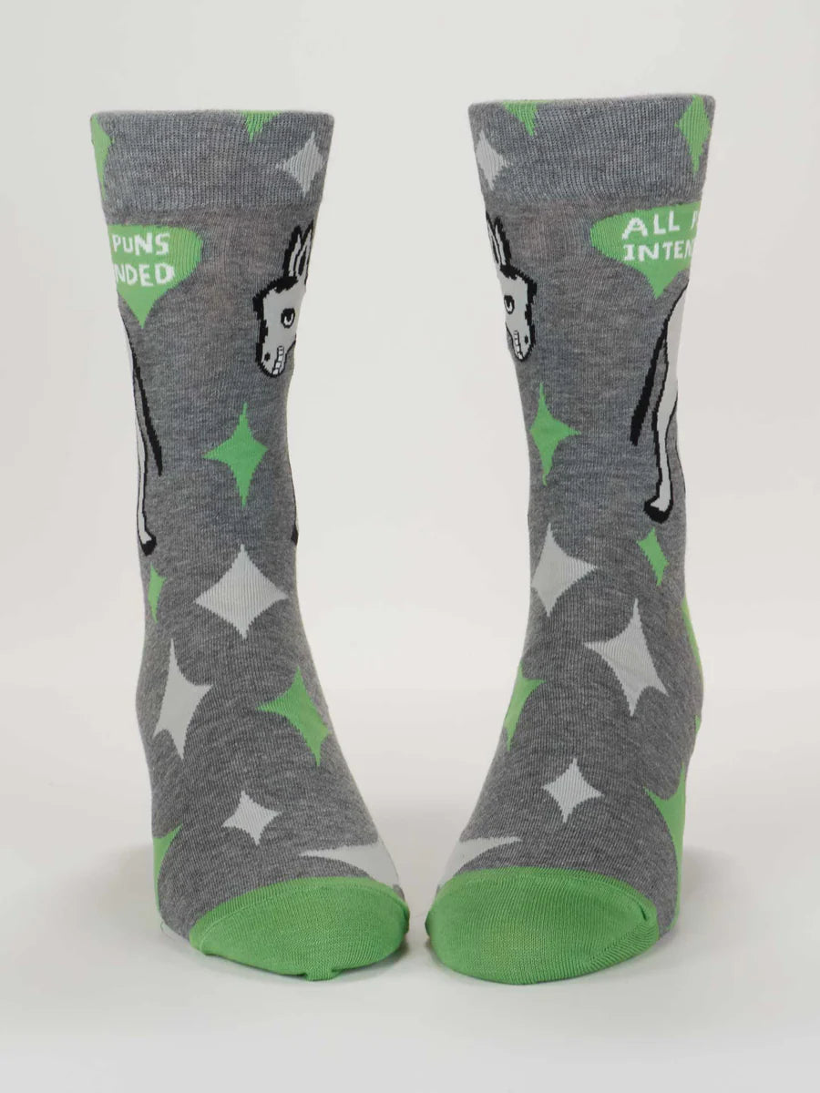 Men's donkey pun crew socks, flat front view showing star pattern and green toes