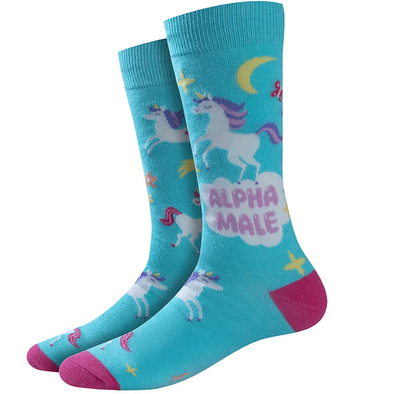 Men's turquoise crew sock, flat front view with white unicorns, stars and pink 'Alpha Male' text