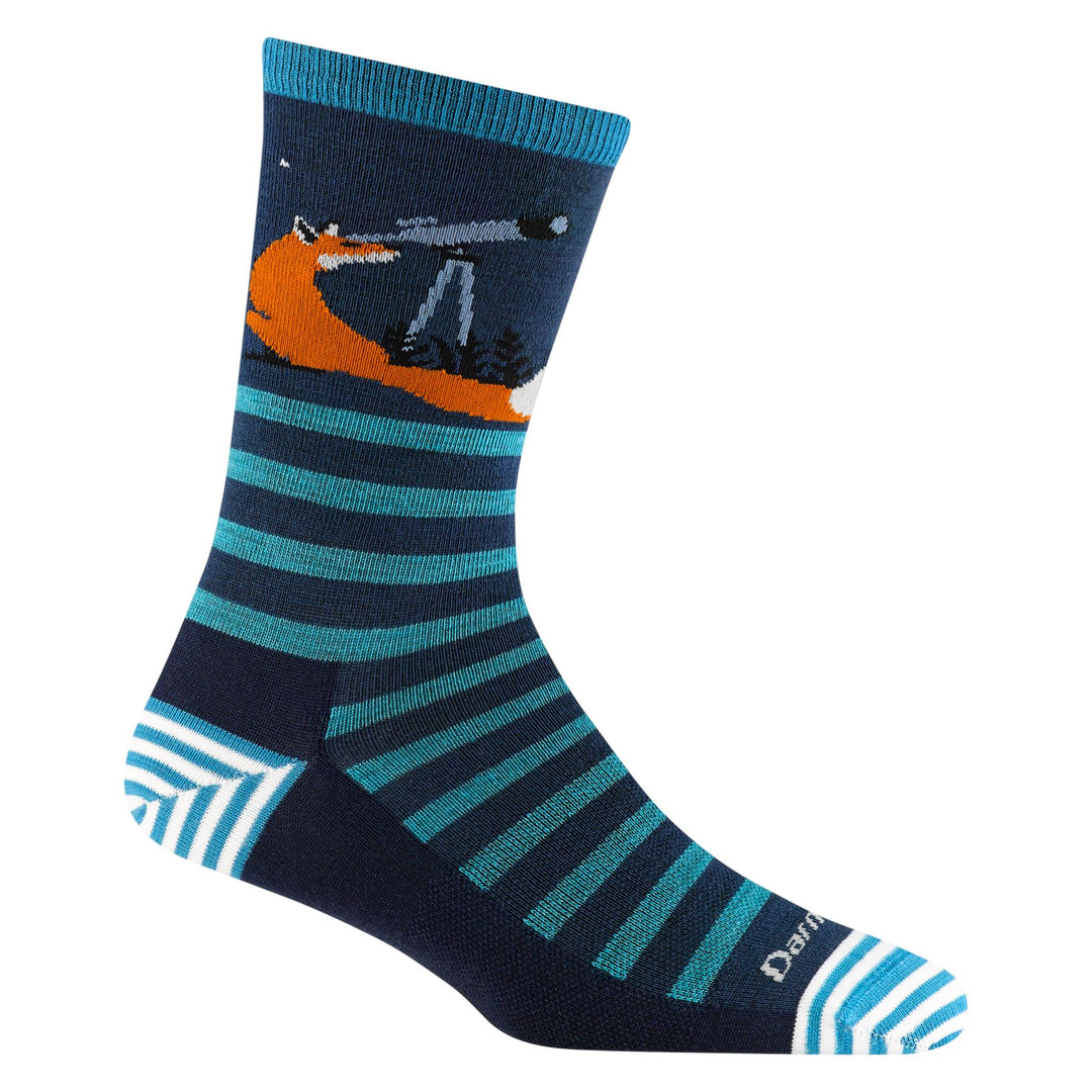 Women's navy and teal striped crew sock with stargazing fox design, flat product shot