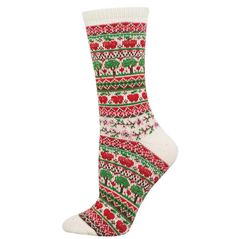Women's apple trees sweater crew socks in cream, flat lay side view