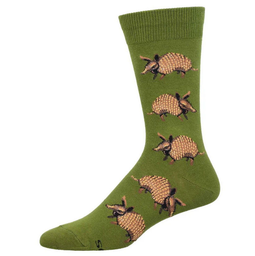 Men's armadillo crew socks laid flat, olive green with banded brown armadillos walking across the design