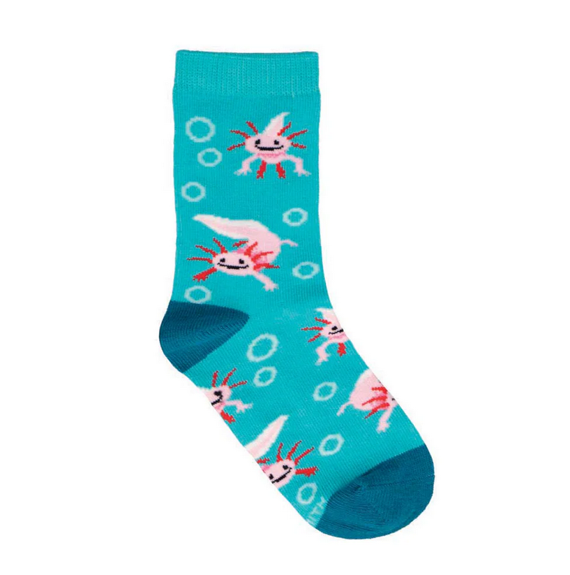 Kids' axolotl crew socks in teal with pink axolotls, flat lay single sock