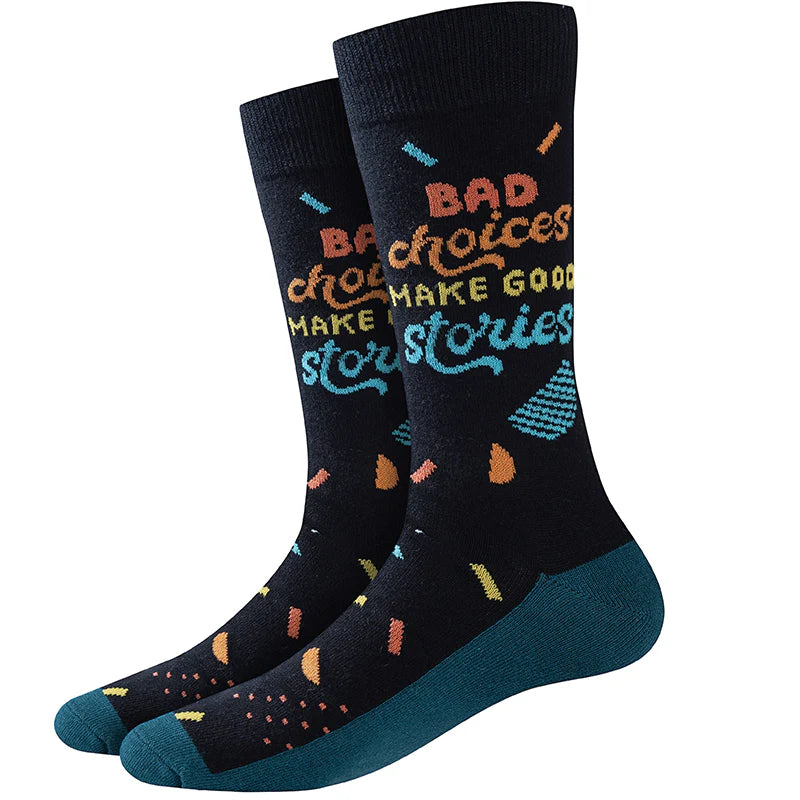 Men's black crew sock, flat front view with colorful confetti and 'Bad Choices Make Good Stories' text