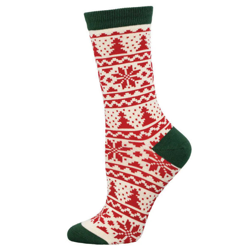 Women's Fair Isle Christmas crew socks in cream and red, flat lay