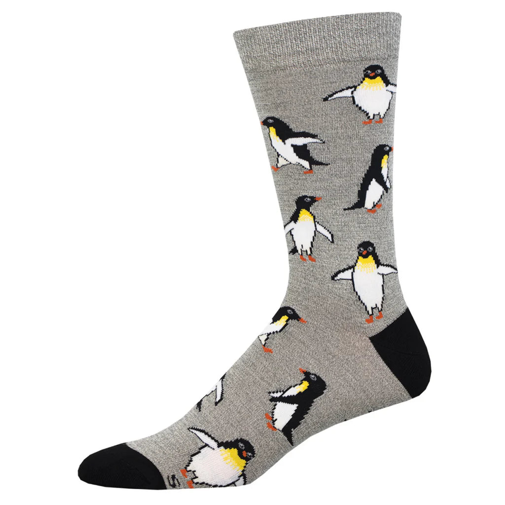 Men's penguin crew socks, flat single sock showing penguins on gray