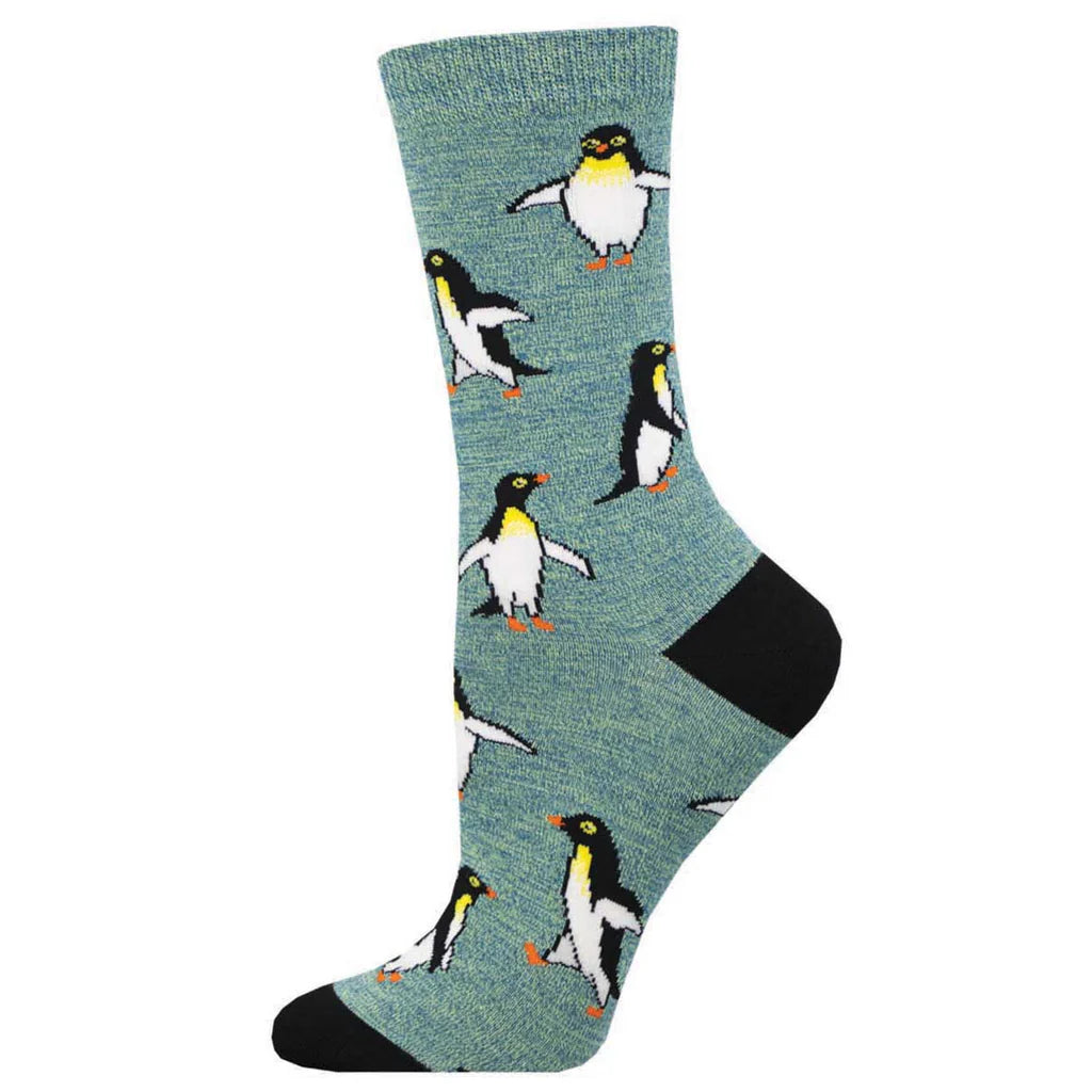 Women's penguin crew socks in heathered sage, flat lay