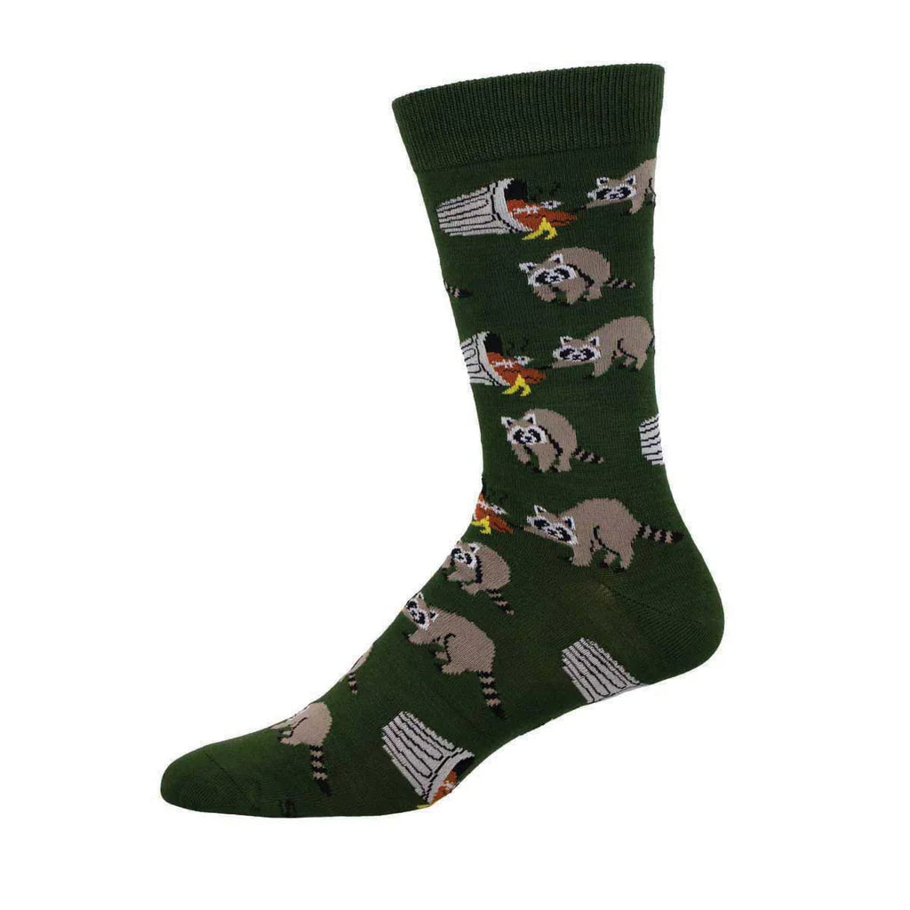 Men's trash bandit raccoon crew socks, flat single sock showing raccoons on green