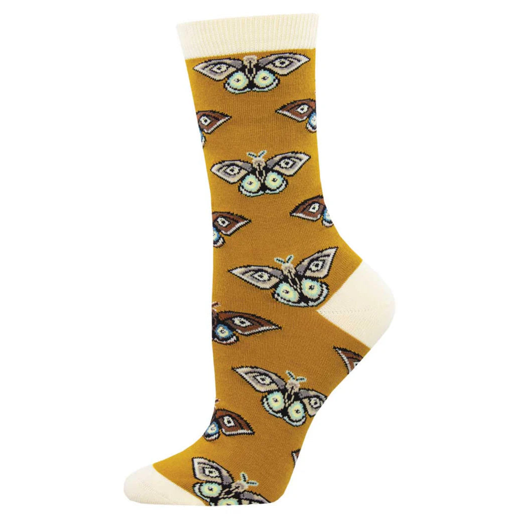 Women's vintage moth crew sock in mustard gold, flat product shot