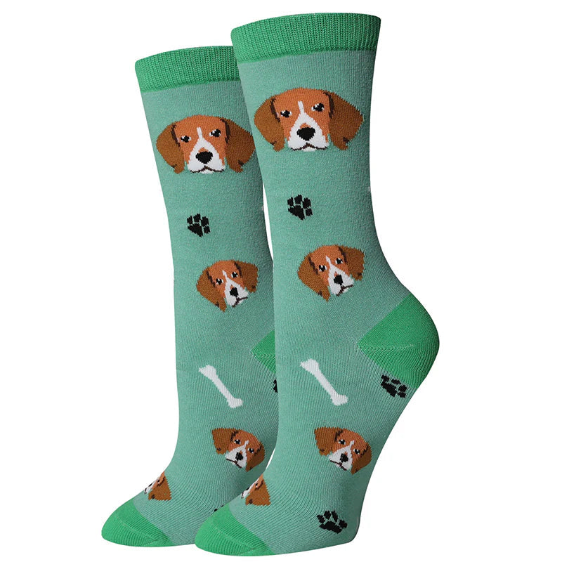 Women's Beagle crew socks flat lay, sage green with brown and white beagle faces and paw prints