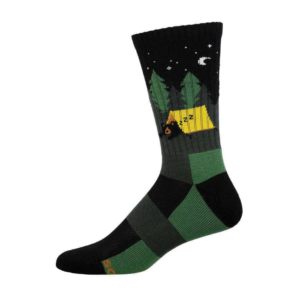 Men's camping bear merino wool crew socks, flat single sock showing bear by a tent at night