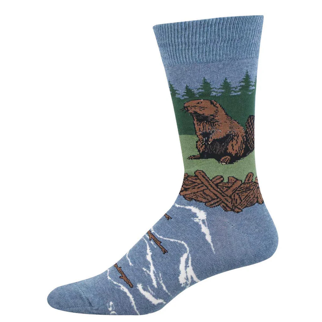 Men's beaver crew socks flat lay in heathered blue with a beaver, dam, and forest scene