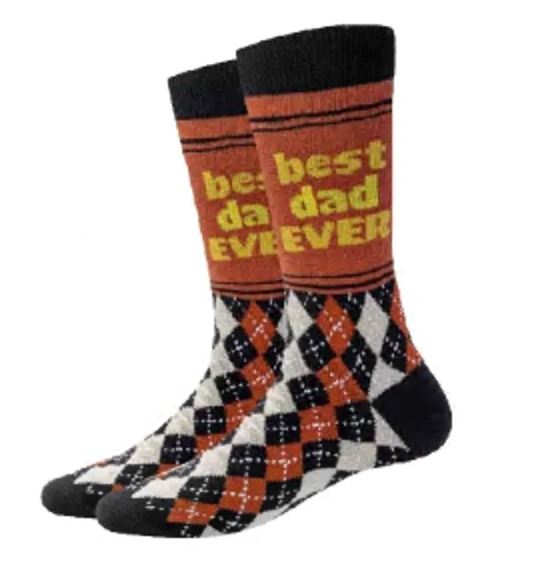 Men's Best Dad Ever crew socks in rust orange, flat lay showing gold text and argyle pattern