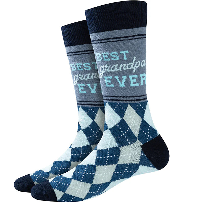 Men's blue argyle best-grandpa-ever crew socks, flat lay